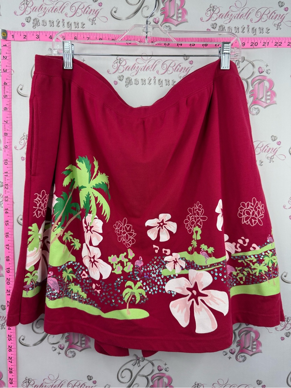 Penningtons skort shorts Tropical Floral beaded tiki  sequins Deep Pink and Lime